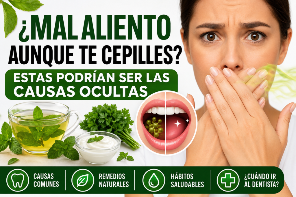 Mujer preocupada por el mal aliento con remedios naturales como menta y yogur para mejorar la salud bucal.