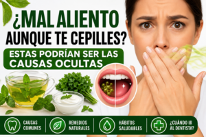 ¿Mal aliento aunque te cepilles? Estas podrían ser las causas ocultas Mujer preocupada por el mal aliento con remedios naturales como menta y yogur para mejorar la salud bucal.