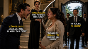 “Mi hija, haz tu maleta”: el secreto que hizo temblar a toda la familia. Mujer embarazada enfrentando a su esposo y suegra mientras su padre llega con guardaespaldas